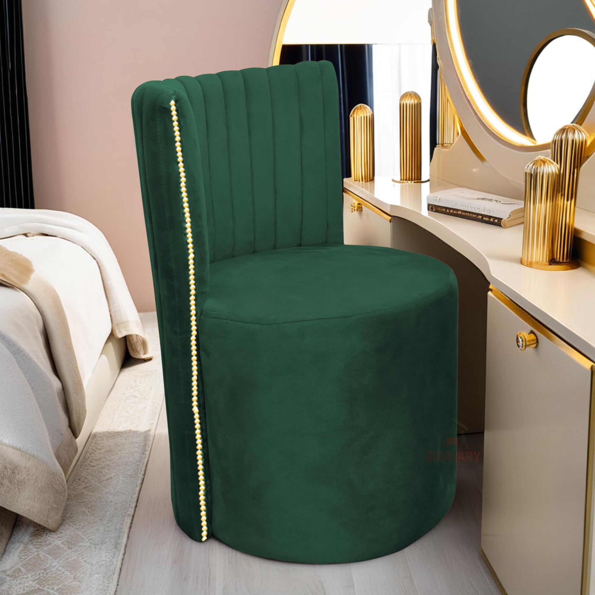 RIBAVARY Luxury Velvet Ottoman Chair Pouffe Stool–Modern Round Soft-Padded Chair for Dining Room, Living Room/Cafeteria Seating/Bedroom and Dressing Area/Ottoman with Backrest (Green)-image-46