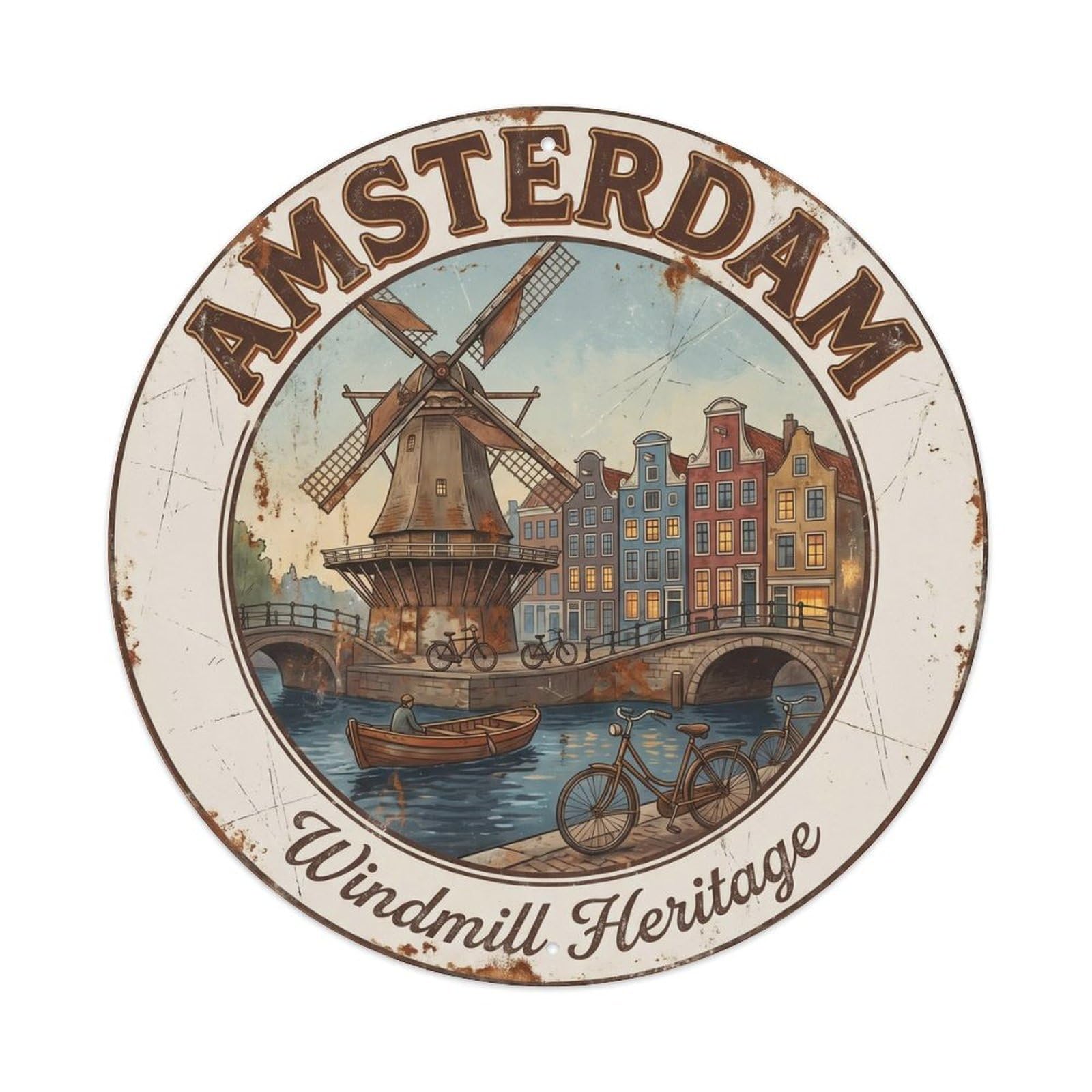 Vintage Travel Amsterdam Windmill Canal Metal Tin Sign Plaque