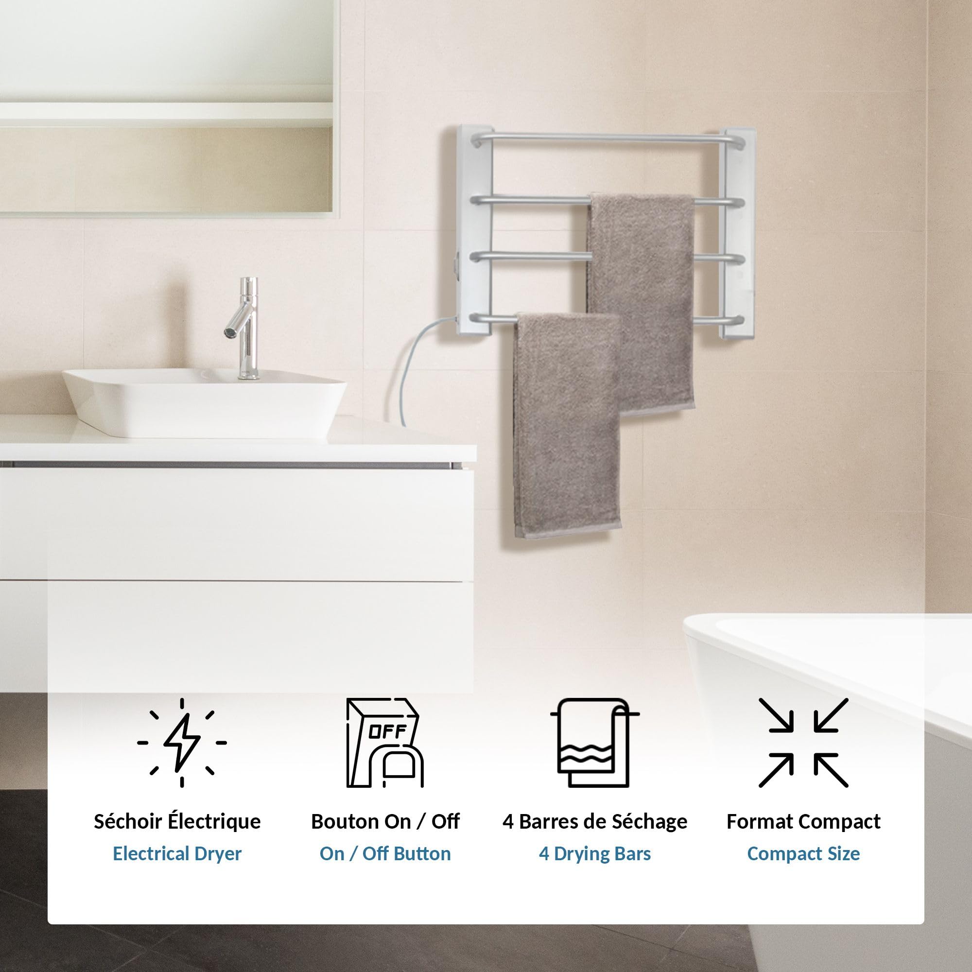 Fishtec - Asciugamano Elettrico da Parete 60W - Senza Termostato - Porta Asciugamano Bagno Stenditore Riscaldante 4 Barre - 50 CM - Alluminio Spazzolato - Riscaldamento Supplementare - Design Sobrio