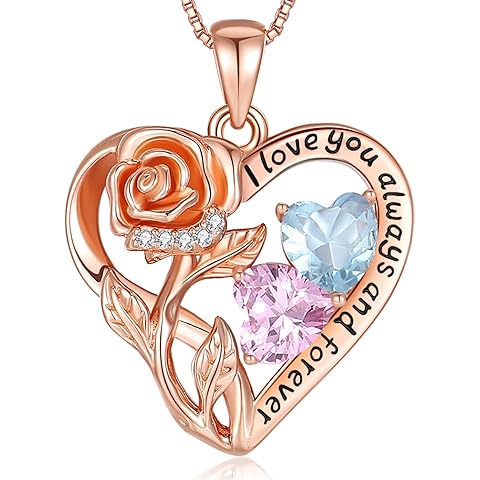 925 Sterling Silver Double Birthstone Rose Flower Heart Jewelry Necklaces for Women Anniversary Love Forever Necklaces for Her Birthday Gifts for Wife Girlfriend Mom Mothers Day Rose Gold