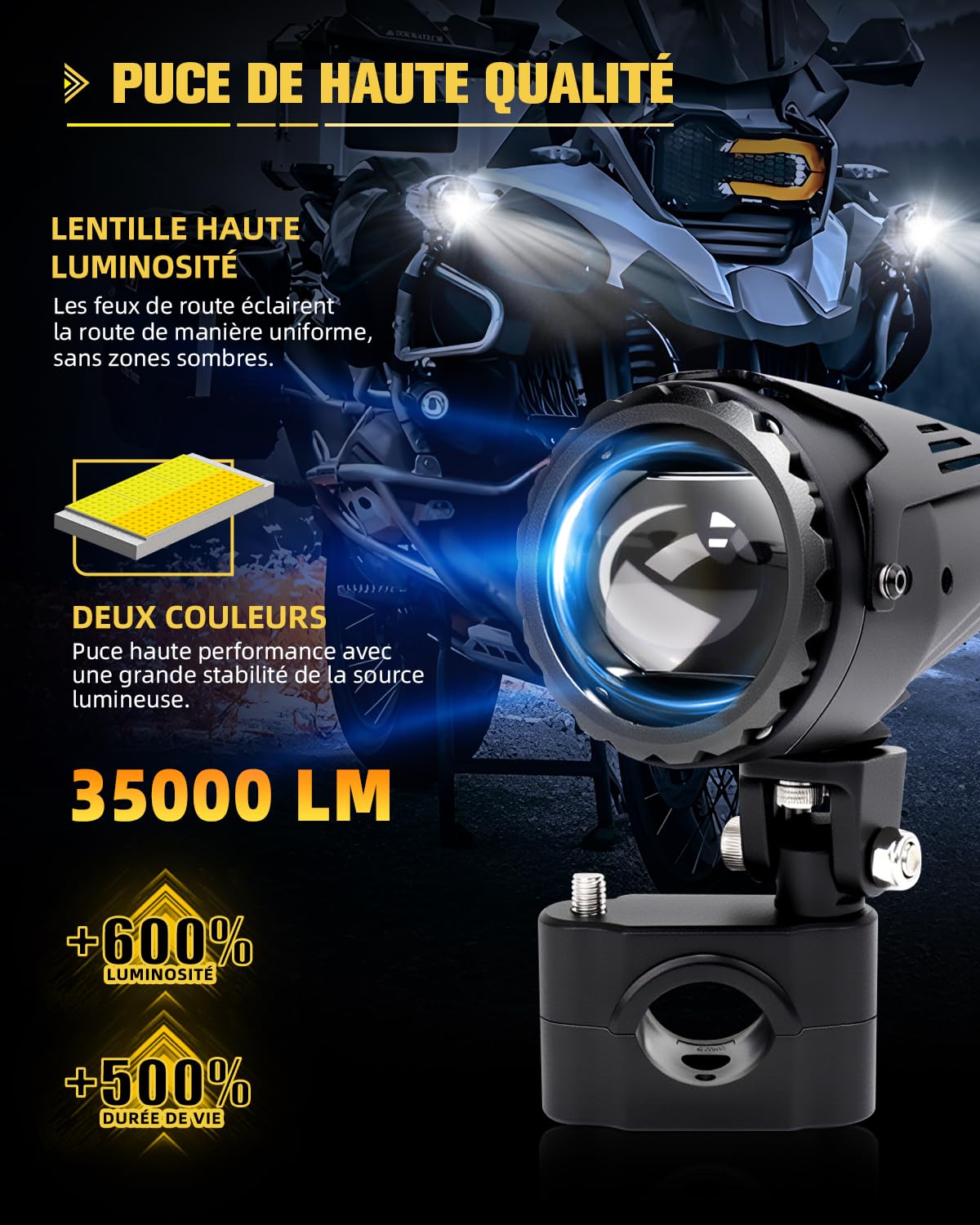 BraveWAY 70W 35000LM Feux Antibrouillard Moto, Feux Additionnels Moto 7 Modes Stroboscopiques de Conduite Avec Auxiliaire Blanc Ambre Kit de Faisceau de Câbles Plug and Play et 2 Supports de Montage