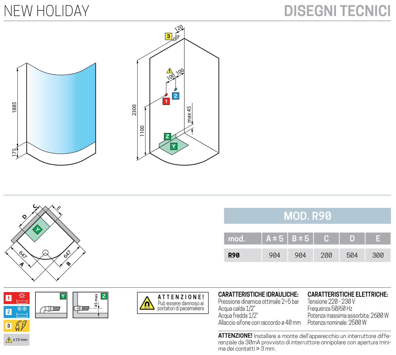 Novellini New Holiday R90 - Cabina de ducha multifunción redonda curva, 2 puertas correderas, ángulo derecho izquierdo, mezclador termostático, cristal transparente, perfil plateado, alto 206 cm