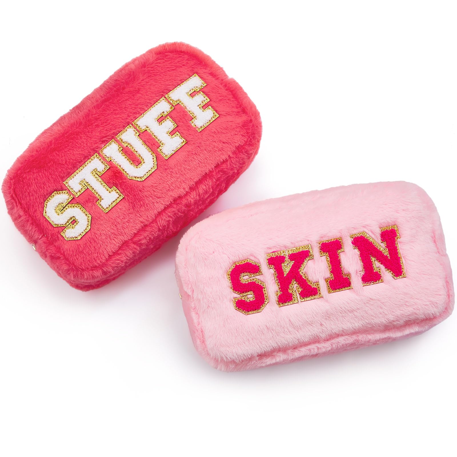 Chunful 2 Pcs Chenille Letter Preppy Makeup Bag Fuzzy Cosmetic Bag Preppy Stuff Hair Skin Face Stuff Pouch with Zipper for Women Travel Storage Organization(Pink,Watermelon Red)