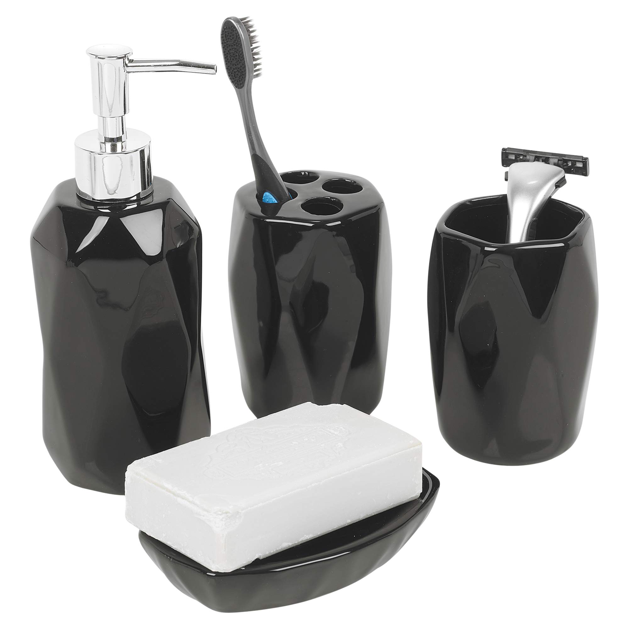 URBNLIVING Modern Design 4 Pieces Ceramic Bathroom Accessory Set for Bathroom Soap Lotion Bottle dispenser, Toothbrush Holder, Mug and Soap Dish (Black)