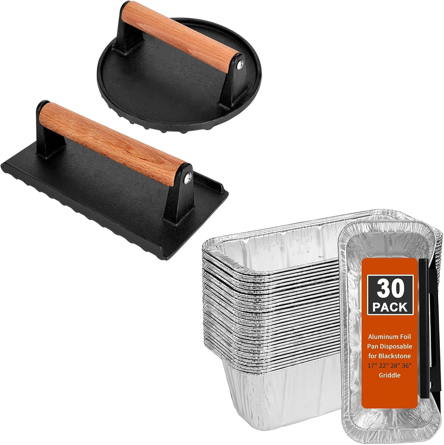 30-Pack Griddle Accessories 5017 Grease Cup Liners Bundle Burger Press Set