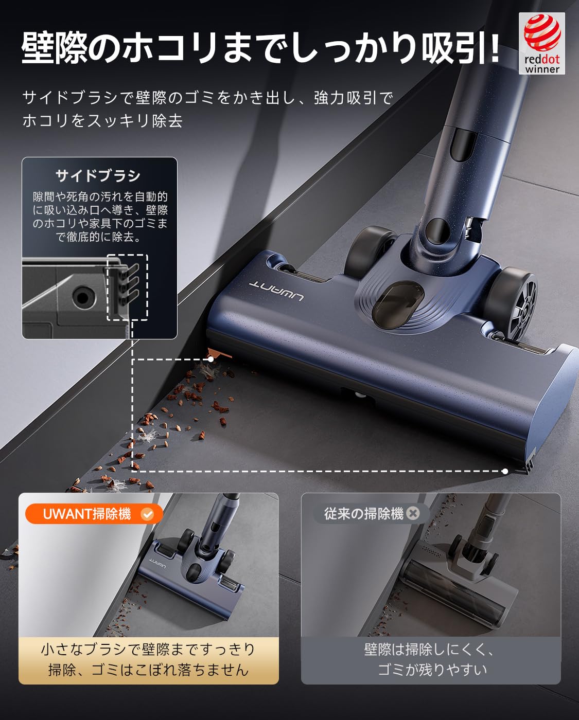 Amazon.co.jp: 【壁際・隅ゴミを残さず掃除】Uwant V500強化版 掃除機