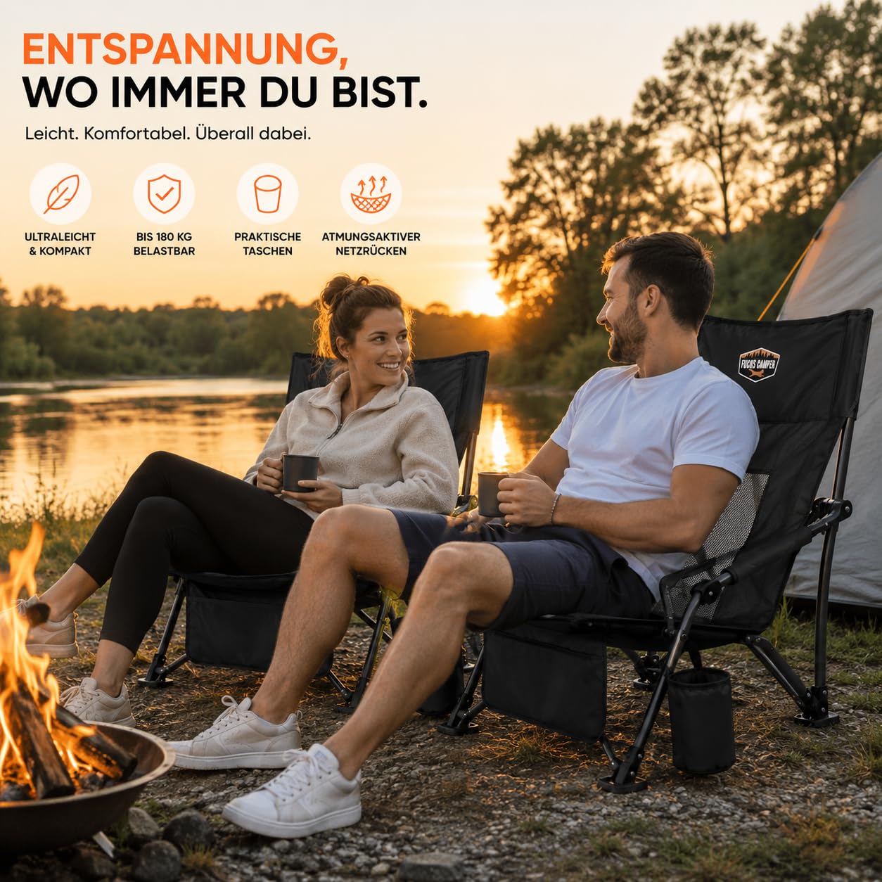 Strandstuhl klappbar leicht – Niedriger Campingstuhl mit hoher Rückenlehne – Faltbarer Outdoor-Stuhl mit Getränkehalter & Taschen – Bis 180 kg belastbar – Blau