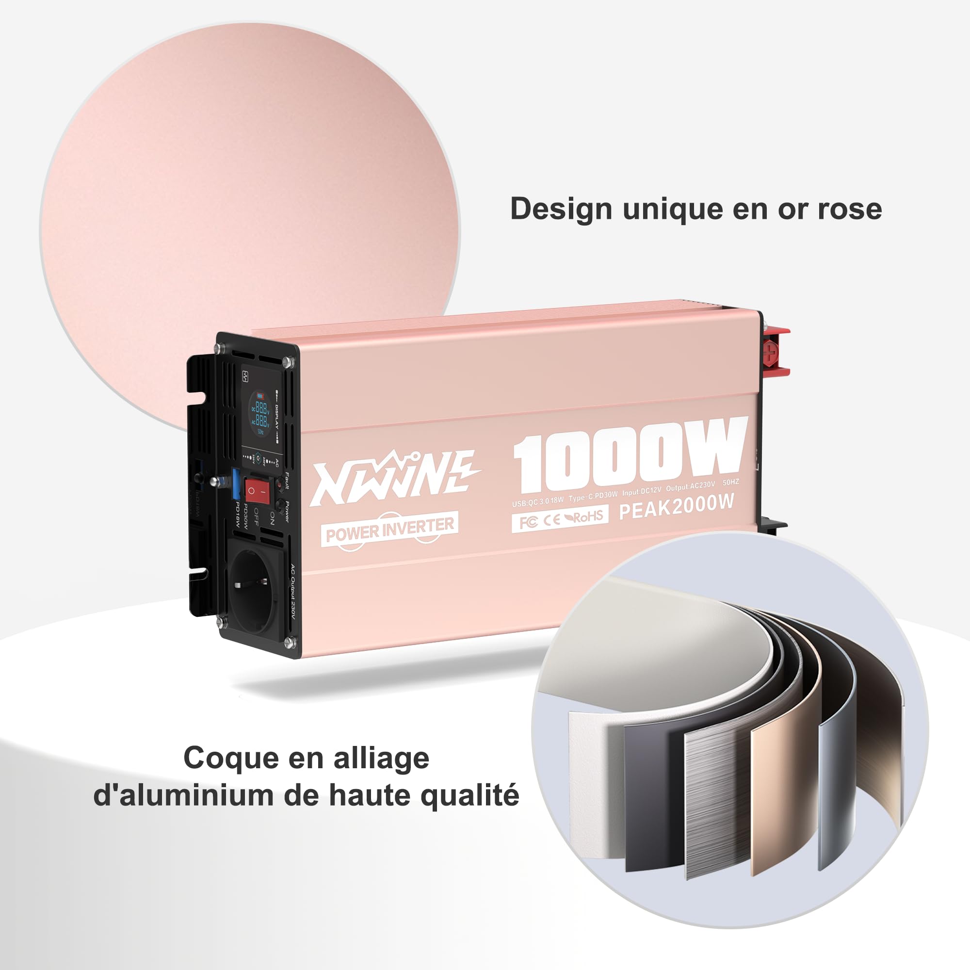 XWJNE 1000W Convertisseur Pur Sinus 12V 220V Onduleur avec Prise EU AC, Port USB-A et USB-C, Télécommande sans Fil, écran LCD, Convertisseur de Tension pour Voitures, Camping-Cars, Camions, Voyages