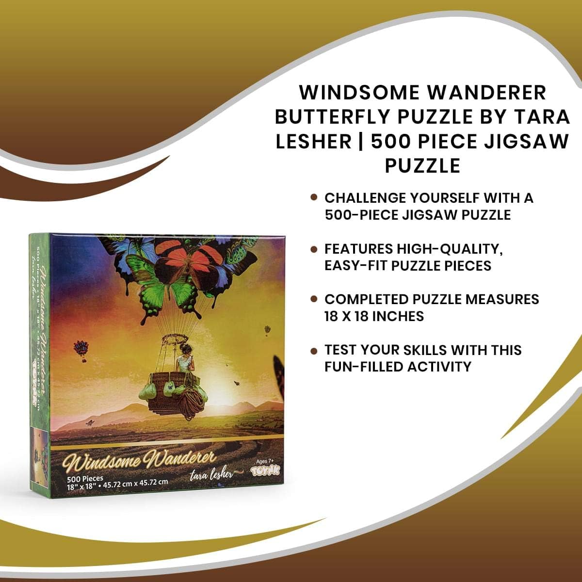 Windsome Wanderer Butterfly Puzzle By Tara Lesher | 500 Piece Jigsaw Puzzle for Adults and Kids | Interactive Brain Teaser for Family Game Night | 18 x 18 Inches