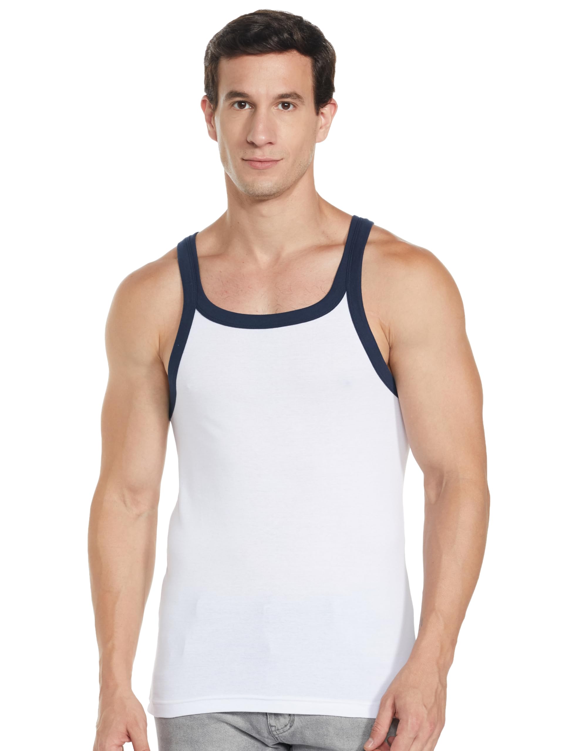 jockey US27 Men's Super Combed Cotton Rib Square Neck Gym Vest (Shoulder Strap Color May Vary)_White & Navy_L-picture-24