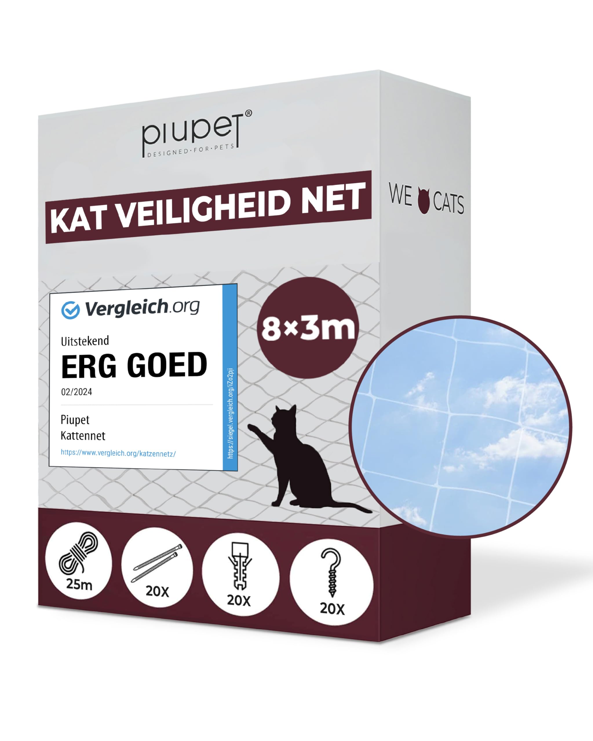 Kattennet voor balkon en ramen, kattenbeschermingsnet zonder boren, balkonbescherming 25 m bevestigingskoord, balkonnet, extra transparant, inclusief montageset, beschermnet, beetbestendig, doorzichtig, 8 x 3 m