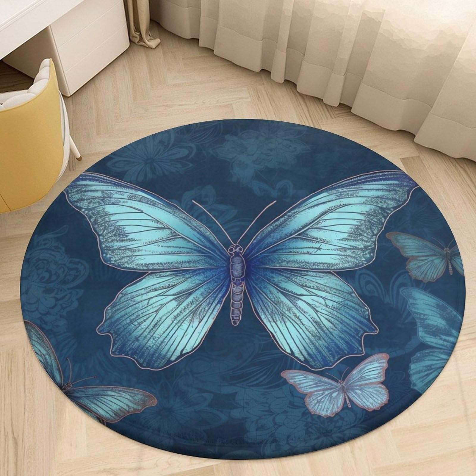 Tapis rond lavable papillon bleu pour sublimer le sol d'une chambre à coucher cosy
