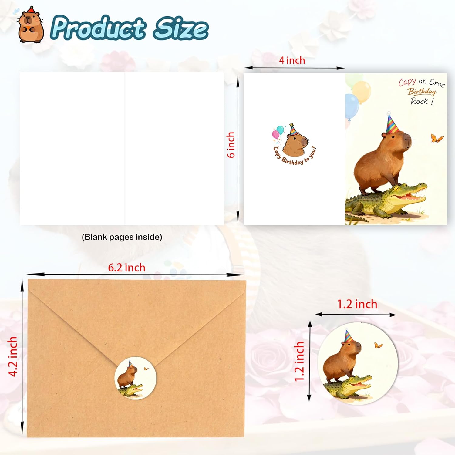 1 Pack Funny Capybara Birthday Card with Envelopes & Stickers, Assorted “Capy Birthday” Animal Pun, 9 Unique Designs, 4x6", for Capybara Lover Gifts, Capy Themed B-day Party Favor (On Crocodile)