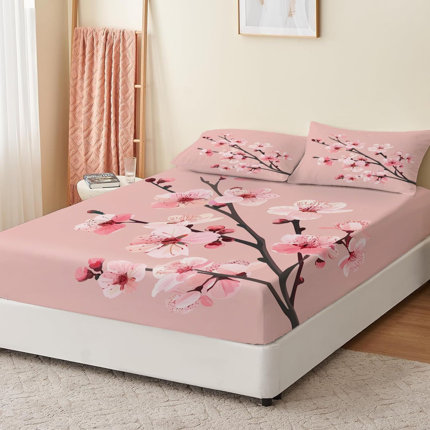 Print Fitted Sheet Set Queen Size for Kids Boys Girls, Pink Bed Sheets Japanese Cherry Blossoms Pattern Fitted Sheet Adults Flat Sheet Soft Luxury, Home Room Decor 4Pcs