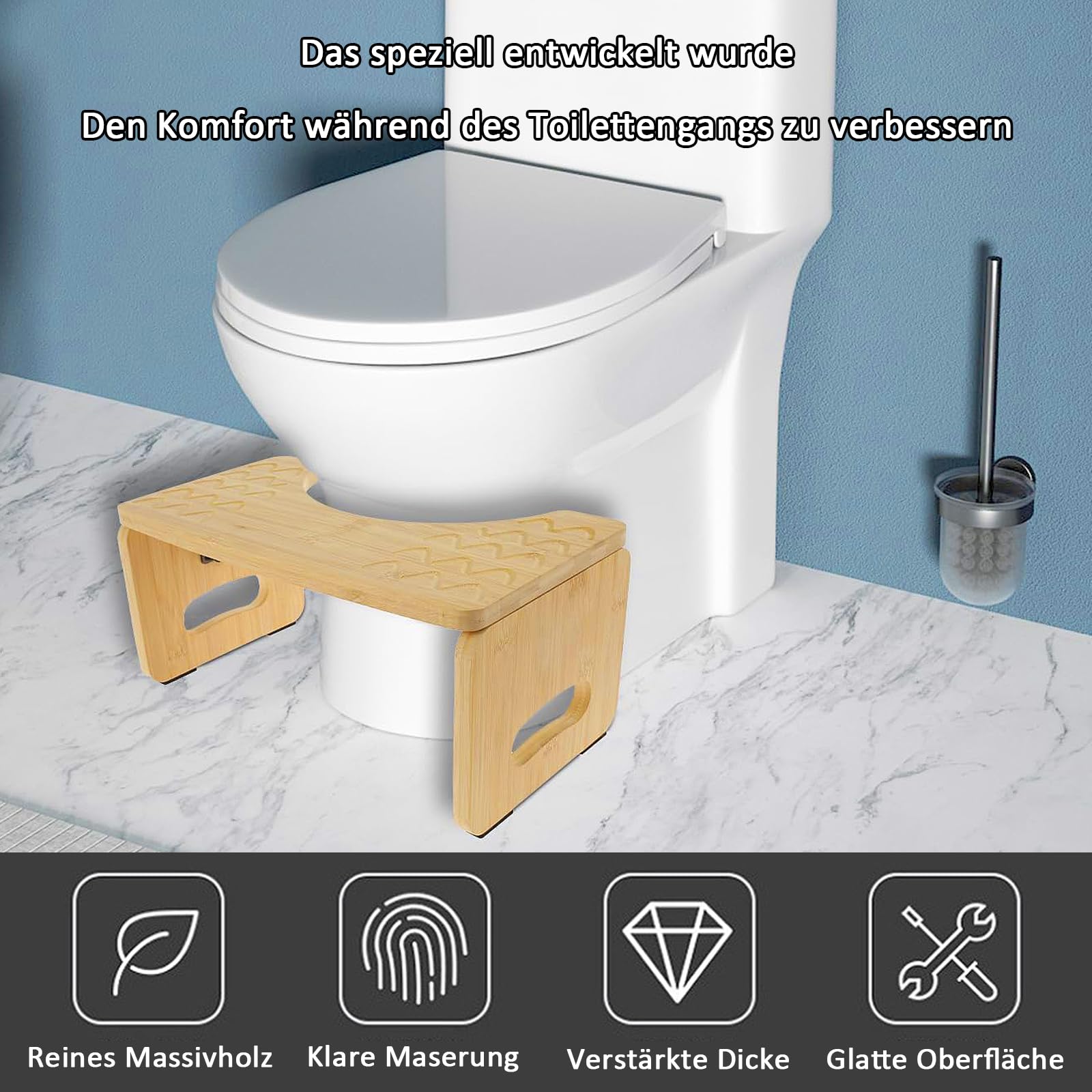Sgabello da Toilette in Bambù, 40x21x18cm Sgabello Da Toilette in legno, Portata 100 kg, Sgabello da Toilette Pieghevole, Pedana WC a Forma di C con Cuscinetti Antiscivolo, Per Regolare la Postura