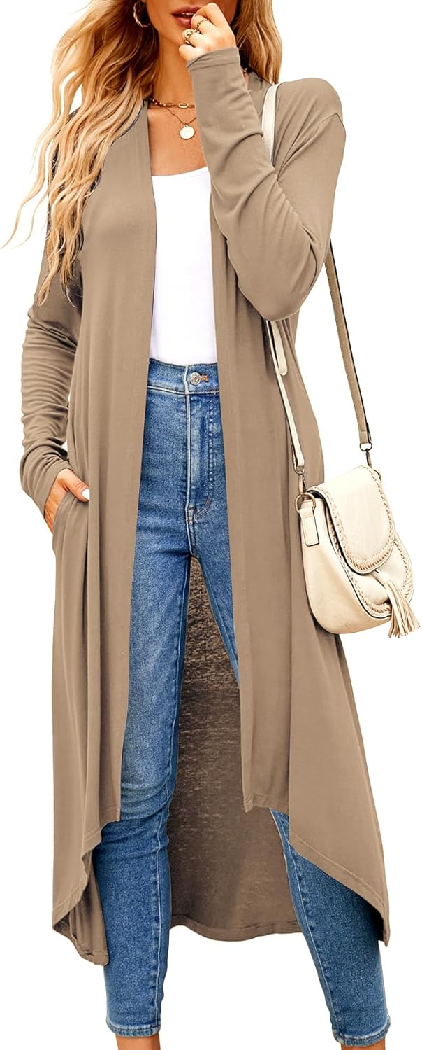 Newchoice Womens Long Cardigan Summer Casual Draped Open Front Lightweight Long Sleeve Cardigan Duster with Pockets
