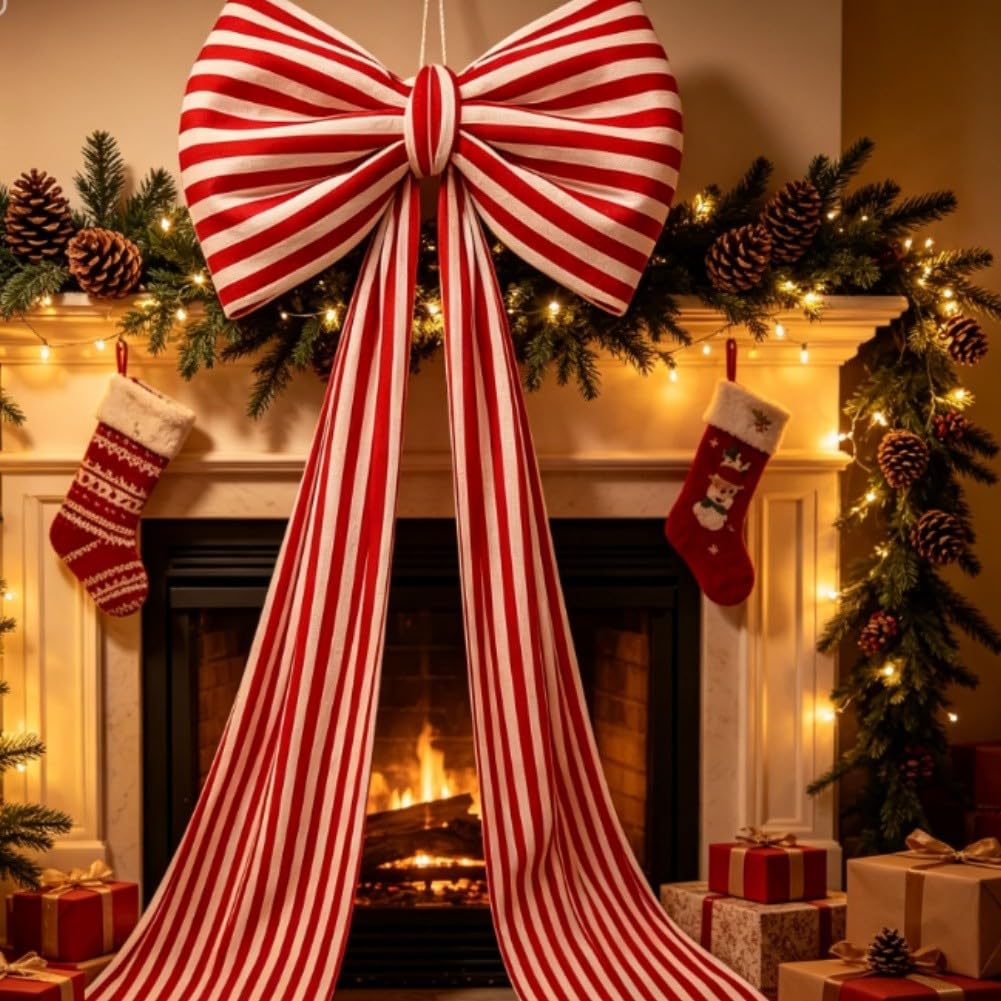 Adorno de árbol de Navidad con lazo rojo a cuadros, tela de 40 x 110 cm (80