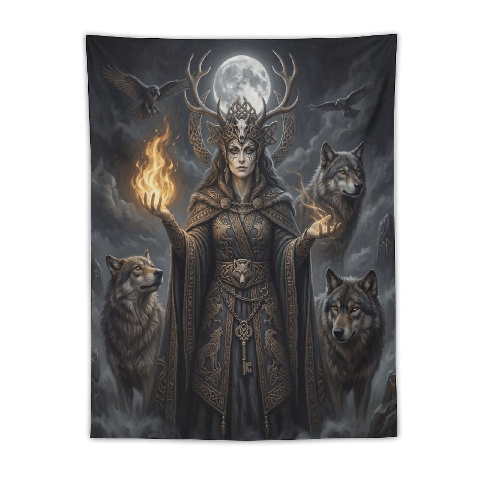 W7C8U2X3 Wolf Goddess Moonlit Wall Tapestry, Oil Painting, Celestial Animal