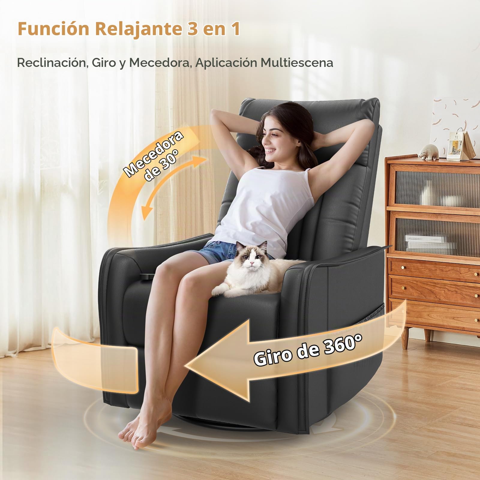 Sillón reclinable Mecedora giratoria con Masaje y Calor, reposapiés extendido,Sillón reclinable 3 en 1 para Sala de Estar, sofá Individual Ajustable con Bolsillos Laterales Doble