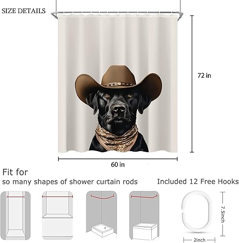 Miniatura 2 de Juego de cortinas de ducha divertidas con diseño de perros para el baño, 60 pulgadas de ancho x 72 pulgadas de alto, cortina de ducha occidental C01
