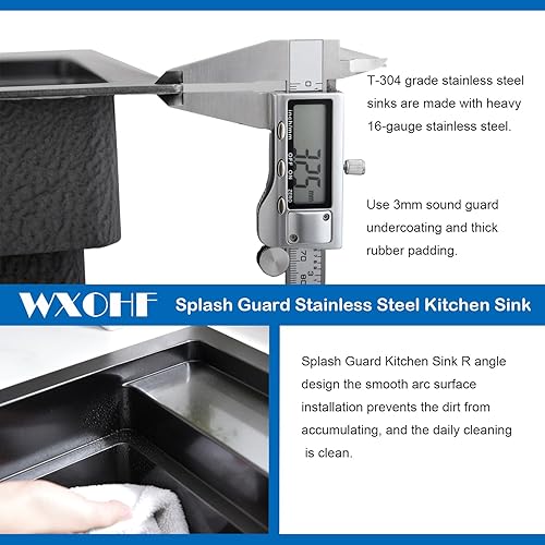 Miniatura 6 de Fregadero de cocina de 28 pulgadas, con protección contra salpicaduras, color negro, fregadero de montaje superior, calibre 16, fregadero grande de