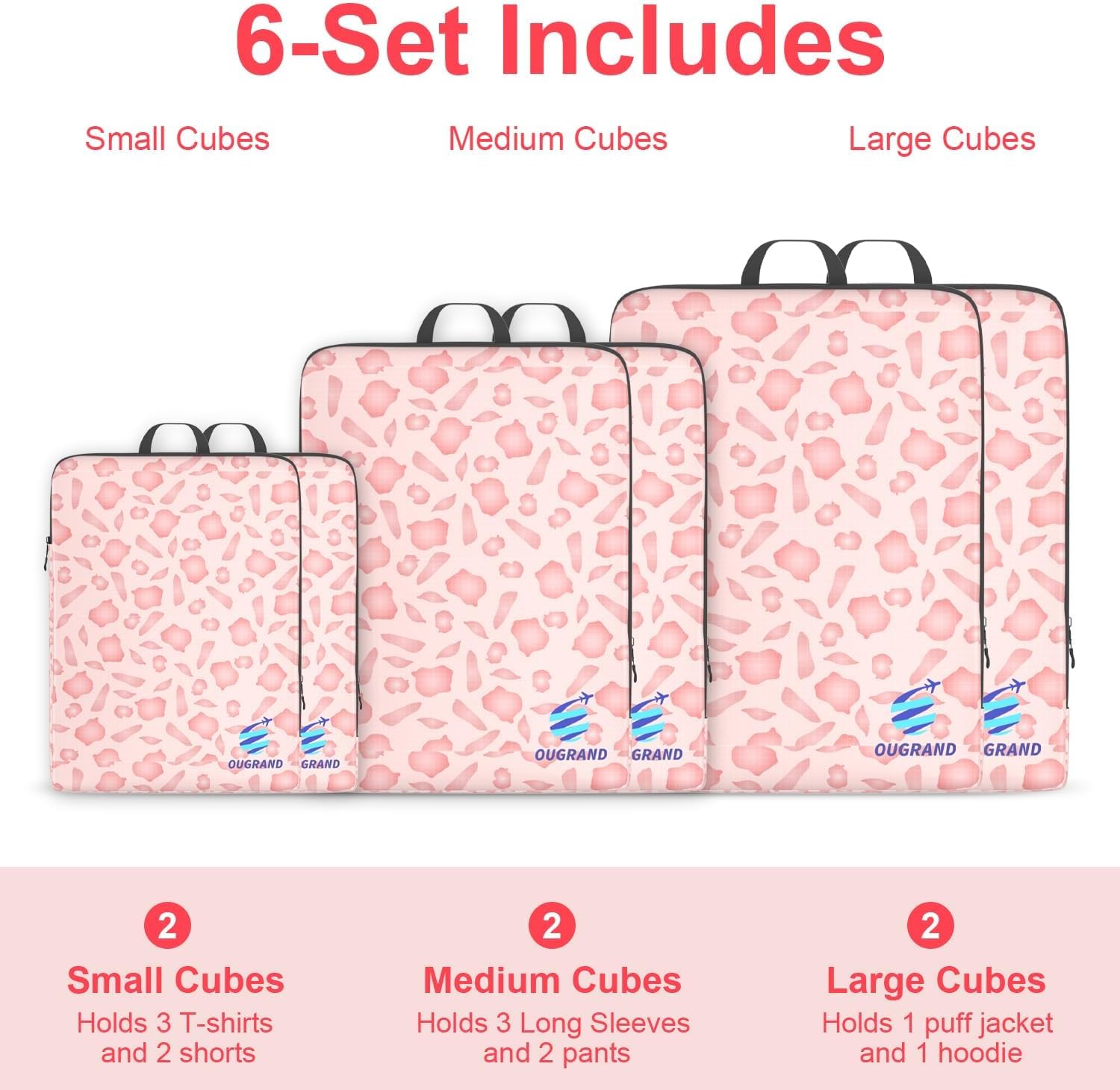 6 Set Compression Packing Cubes for Travel, Durable Luggage Organizer Bags, Lightweight Suitcase Organizer Bags Set for Travel Essentials (Pink Petal)