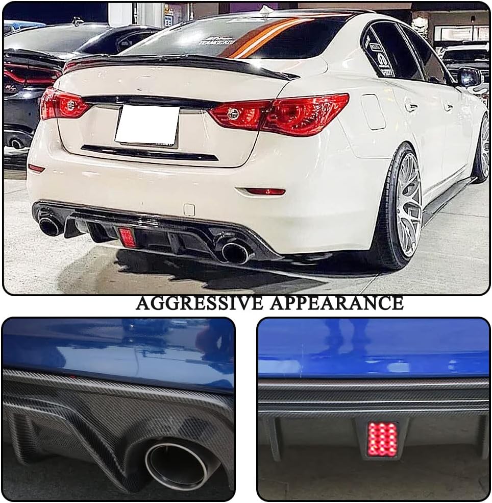 Real Carbon Fiber Rear Diffuser for Infiniti Q50 Sedan 2014-2017 Customized Lower Bumper Lip Spoiler Body Kit with Red Brake Lamp