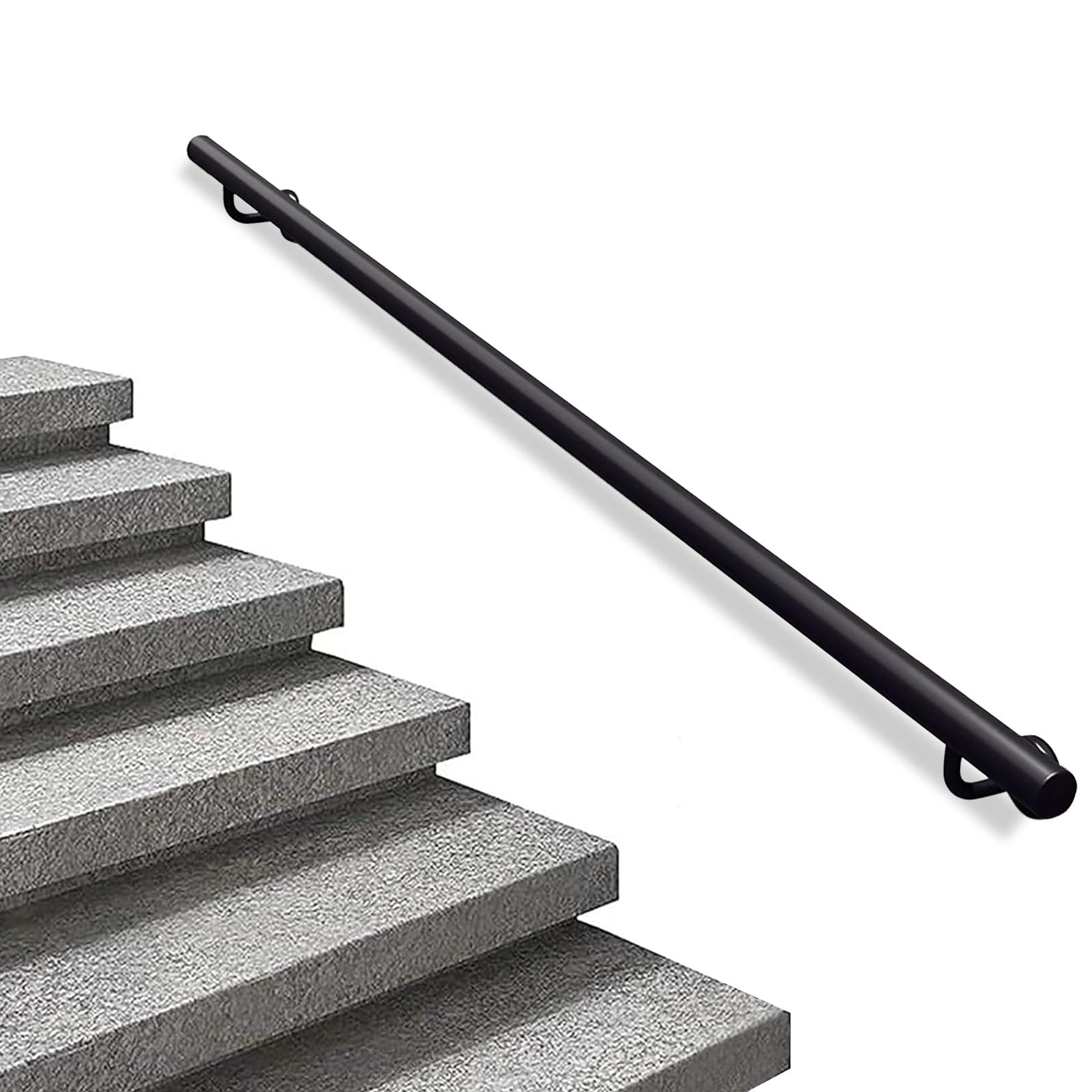 1ft-20ft Modern Stairs Handrail, External Wall Mounted Banister for Deck Balcony, Black Metal Wrought Iron Dalvanized Round Pipe Railing Hand Rail for Indoor and Outdoor(7ft/210cm)