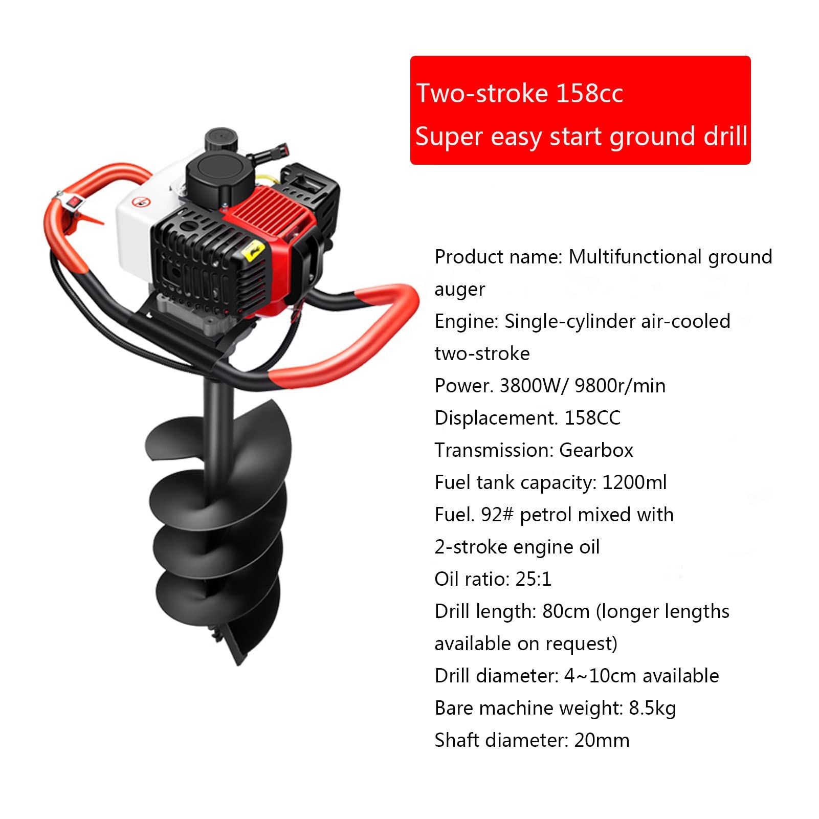 Scavatrice a foro postale 158CC/198CC, Scavatrice a foro postale a coclea 3800W/5200W, Scavatrice a foro postale alimentata a gas, Scavatrice a foro per piantare, 1,5"/2,4"/3"/4"/5"/6"/8"/10"/12