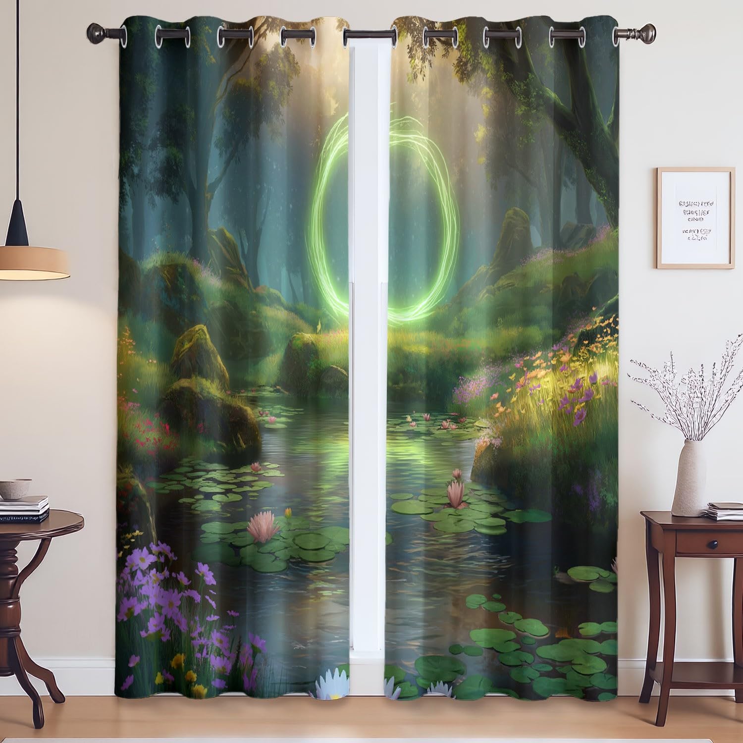 Fantasy Magic Portal Zasłony do kina domowego - można prać w pralce, zasłony z oczkami z nadrukiem cyfrowym, ciemnozielone, szer. 66 x dł. 72 (2 panele) 167 x 182 cm