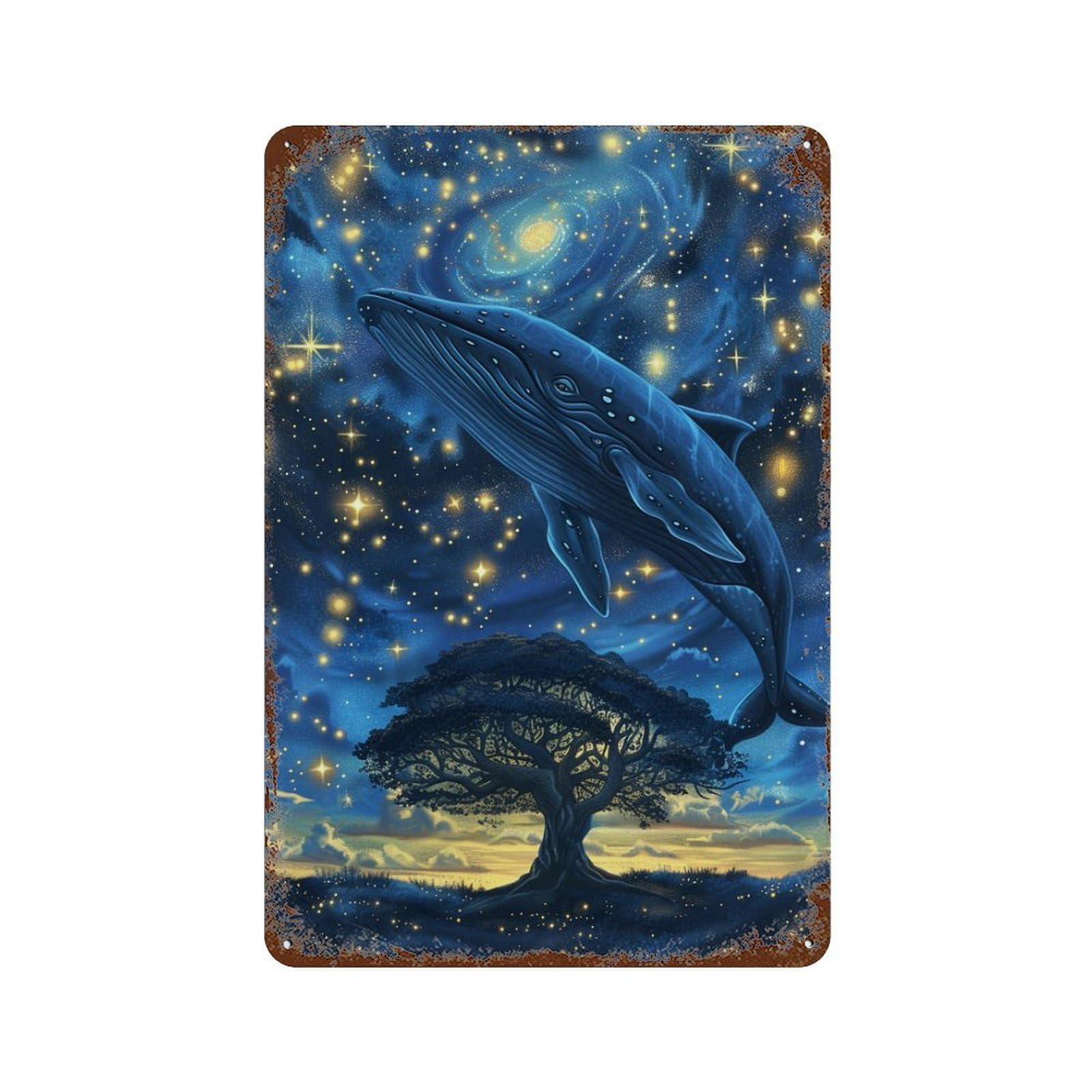 Whale in Starry Sky Distressed Metal Wall Sign 11.8"x7.9", for Garage, Bar And Workshop Decor, Decorative Metal Wall Art