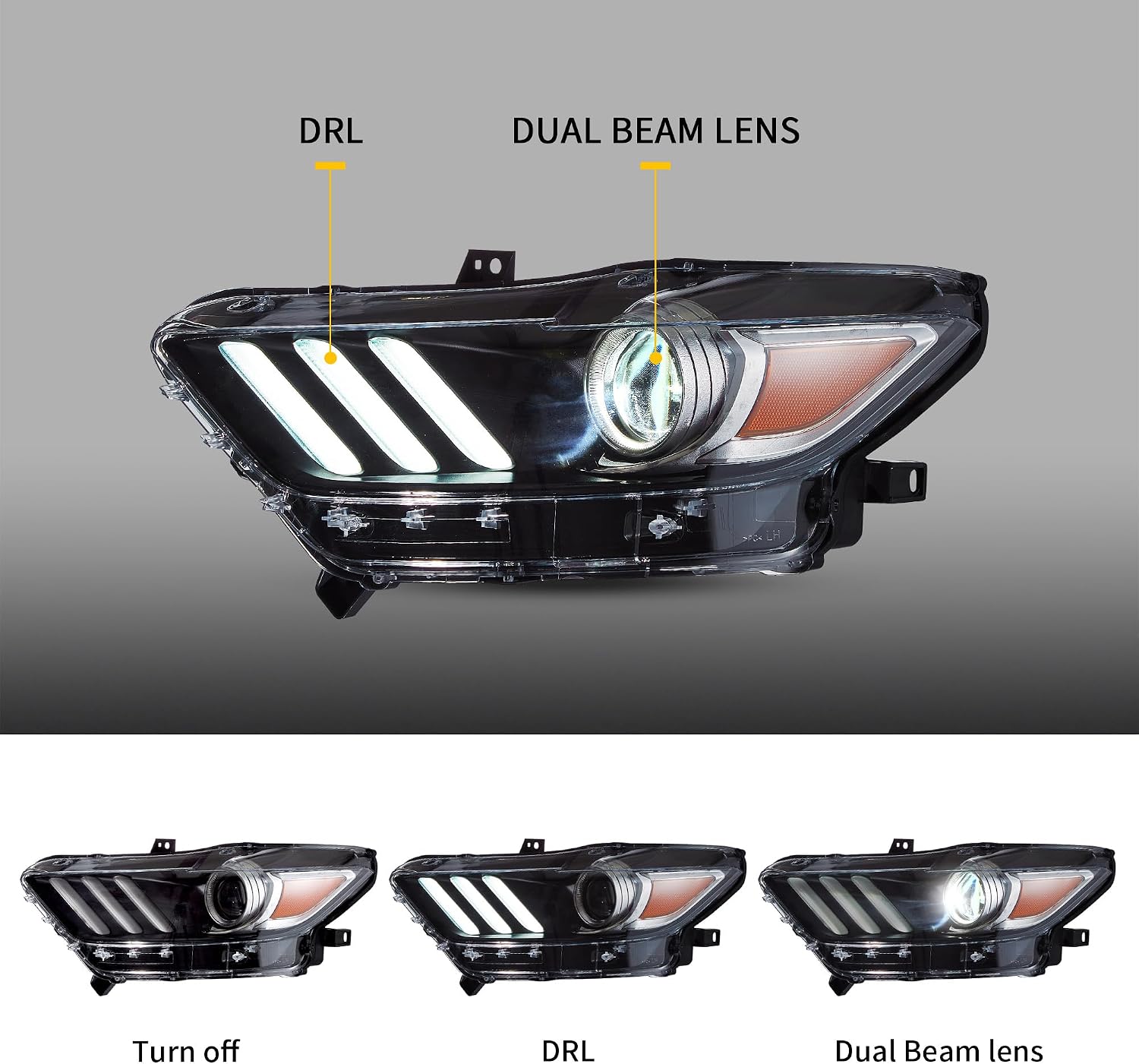 VLAND Headlights Fit For Ford Mustang S550 2015-2017, Dual Beam Projector Headlamps (Re-use your D2S bulbs or H7 / D2H)