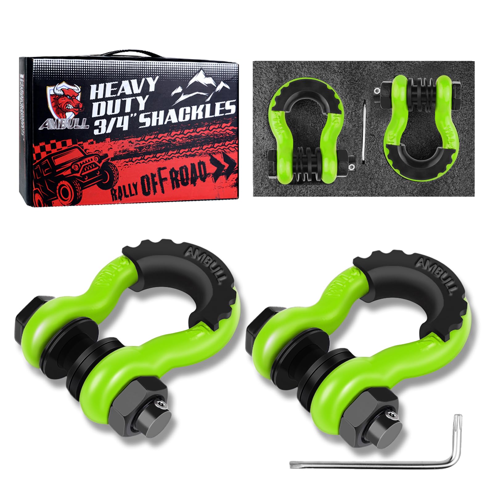 AMBULL Shackles 3/4" D Ring Shackle (2 Pack) 45,000lb Break Strength with 7/8" Pin, Anti Theft Security Screws, Isolator & Washer Kits for Use with