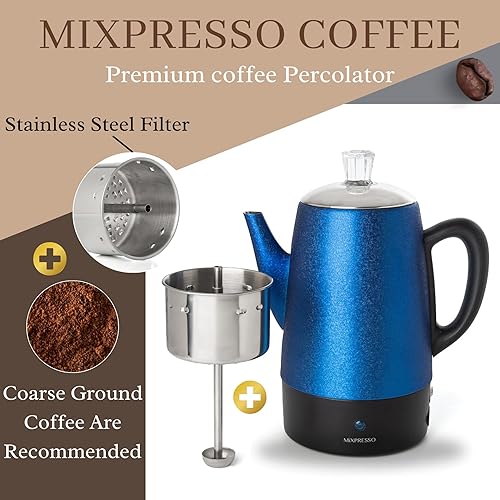 Miniatura 3 de Mixpresso Cafetera eléctrica para 10 tazas, de acero inoxidable, con función de mantener el calor, olla perculadora clásica con cesta extraíble para
