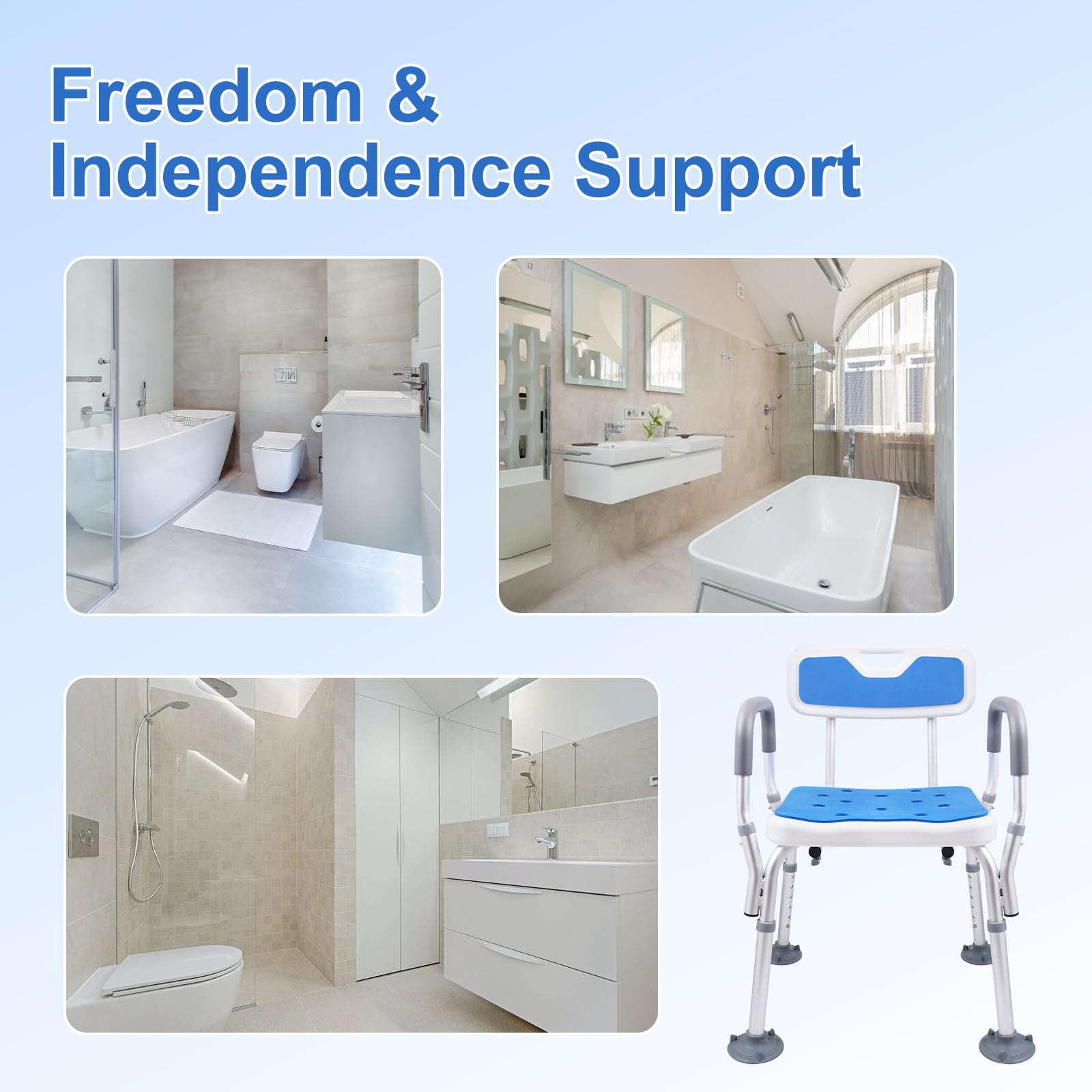 Hotodeal Silla de ducha, asiento de ducha de altura ajustable con reposabrazos y respaldo para ancianos, discapacitados, discapacitados, embarazadas, sin herramientas, soporte de instalación de 300