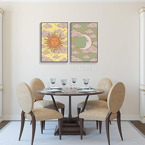 Miniatura 7 de ytreyoimro Juego de 2 lienzos artísticos de pared con sol y luna, póster psicodélico celestial de los años 70, tarjeta de tarot místico, arte hippie