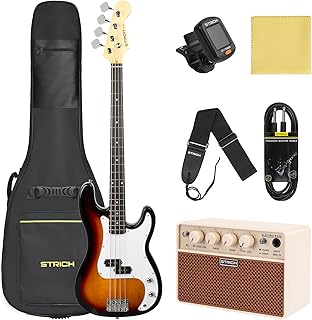 STRICH Electric Bass Guitar 4 Strings Full-Size Beginner Kit, PB-Style Standard Bass for Starter with 2 x 5w Amp, Bag, Tuner, Strap, Cable, SPB-S10 Sunburst