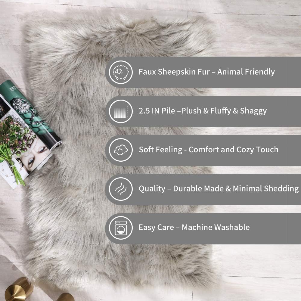 Carvapet Fluffy Shaggy Soft Faux Sheepskin Fur Area Rugs Floor Mat Chair Sofa Cover Beside Carpet for Bedroom Living Room, 2ft x 3ft, Grey