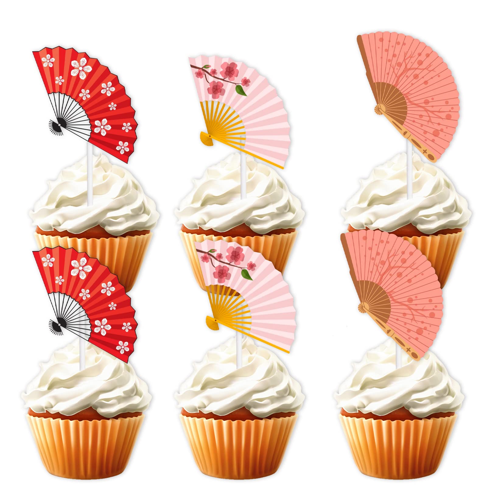 18pcs Pink Folding Fan Dessert Cupcake Topper Retro Elegance Traditional Wedding Theme Decor Supplies Girls Woman Happy Birthday Party Decorations
