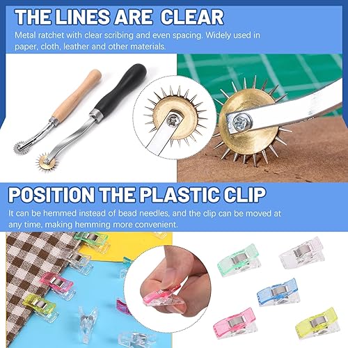 Miniatura 7 de Glarks Juego de 33 reglas de costura métricas transparentes, 4 reglas de costura con patrón triangular, tiza, crayón, rueda de trazado y clips de