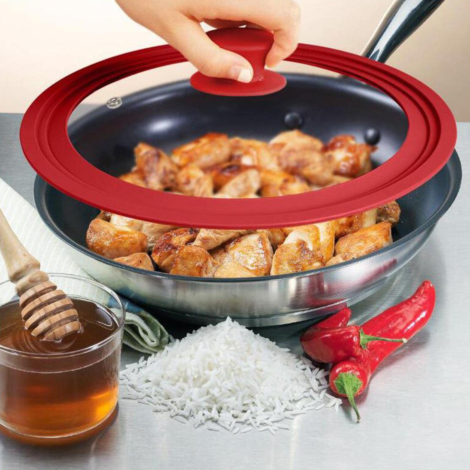 Milageto Tapa Universal Tapa de Sartén con Vidrio Transparente Y Silicona Antihuellas Resistente Al para Evitar Derrames Adecuada para Hogar Y, Black_34cm