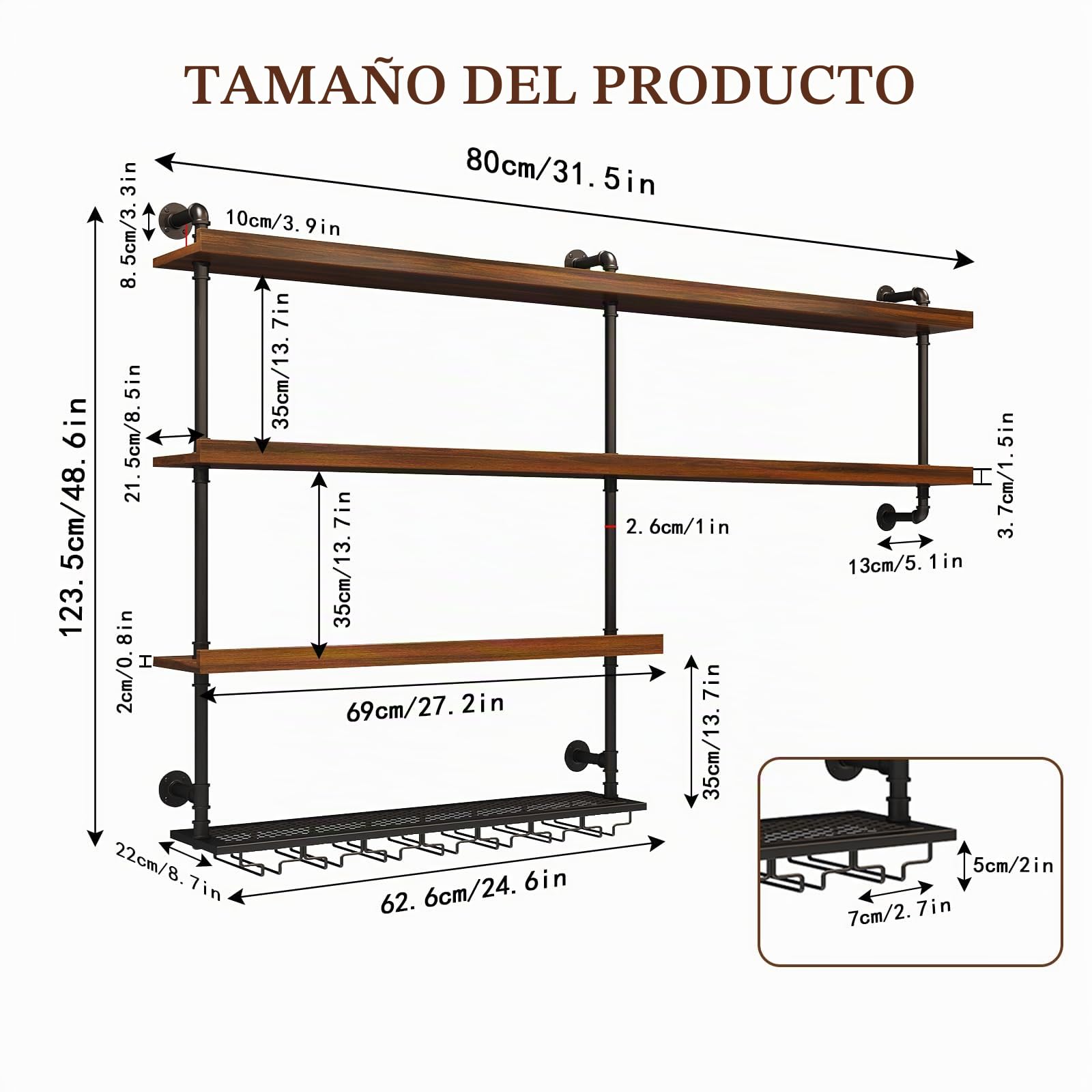 80cm Estante almacenamiento de vino de gran capacidad montado pared con luz LED,Botelleros Pared con portavasos,estantes flotantes 4 niveles para botellas de licor, para hogar Restaurante Bar (80cm)