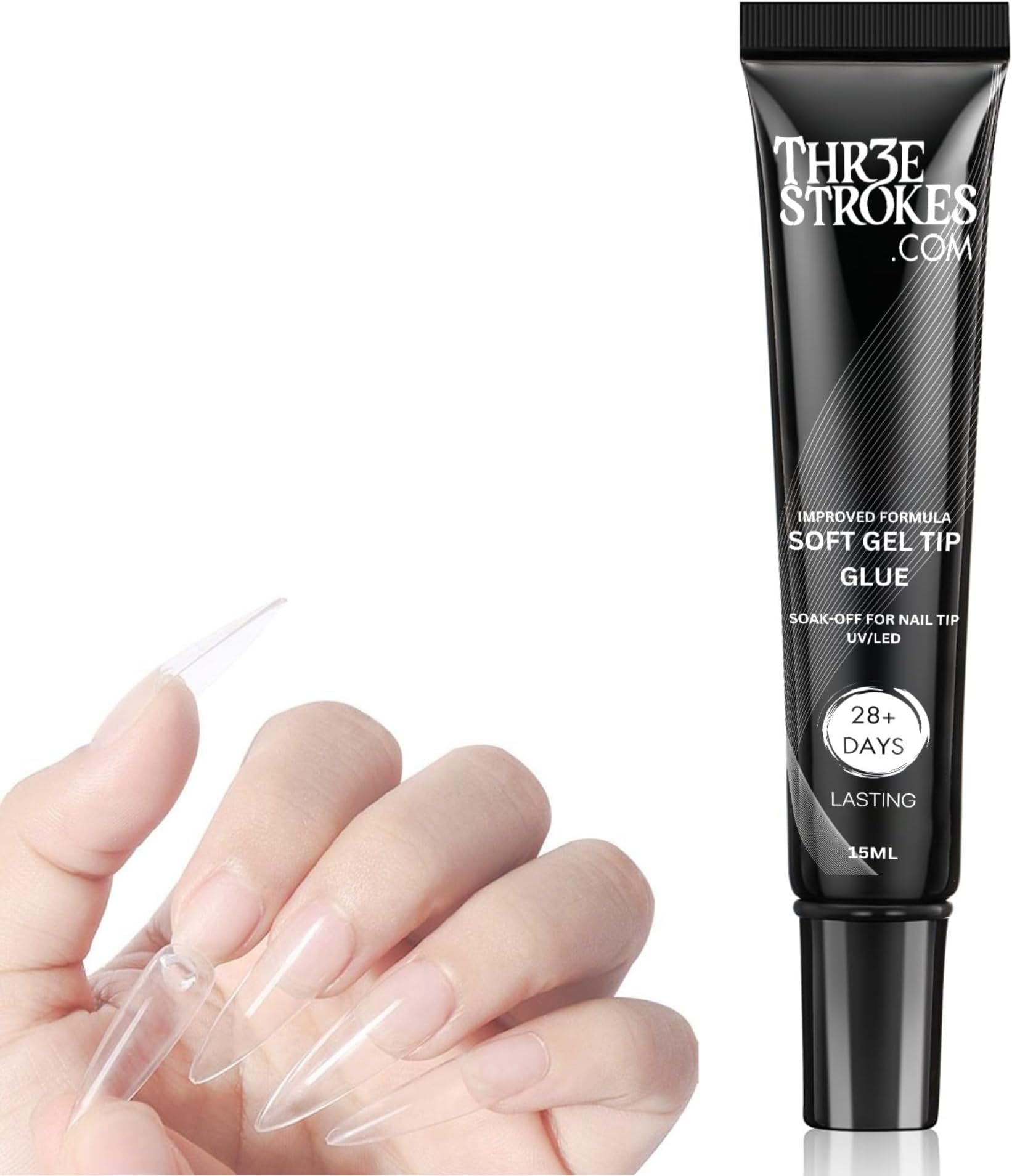 THR3E STROKES Upgrade 3 in 1 NailGlueGel for False NailTips, 20g Super Strong Nail GelGlue for NailExtension SoftGel NailTips and 3D NailArt RhinestoneGlue Soak Off UV NailGel Long Lasting