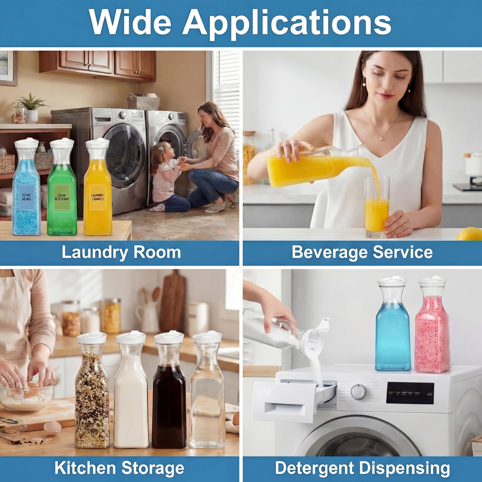Goaste Paquete de 8 dispensadores de detergente para ropa, botella dispensadora de jabón de lavandería de 54 onzas con etiqueta impermeable, recipiente de detergente líquido, organizador de suavizante