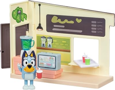 BlueY Blueys Mini-Saftbar-Spielset, enthält Figur mit beweglichen Gelenken, hilf beim Herstellen köstlicher Säfte und Smoothies im Mixer, enthält tolle Fruchtsticker zur Dekoration der Saftbar