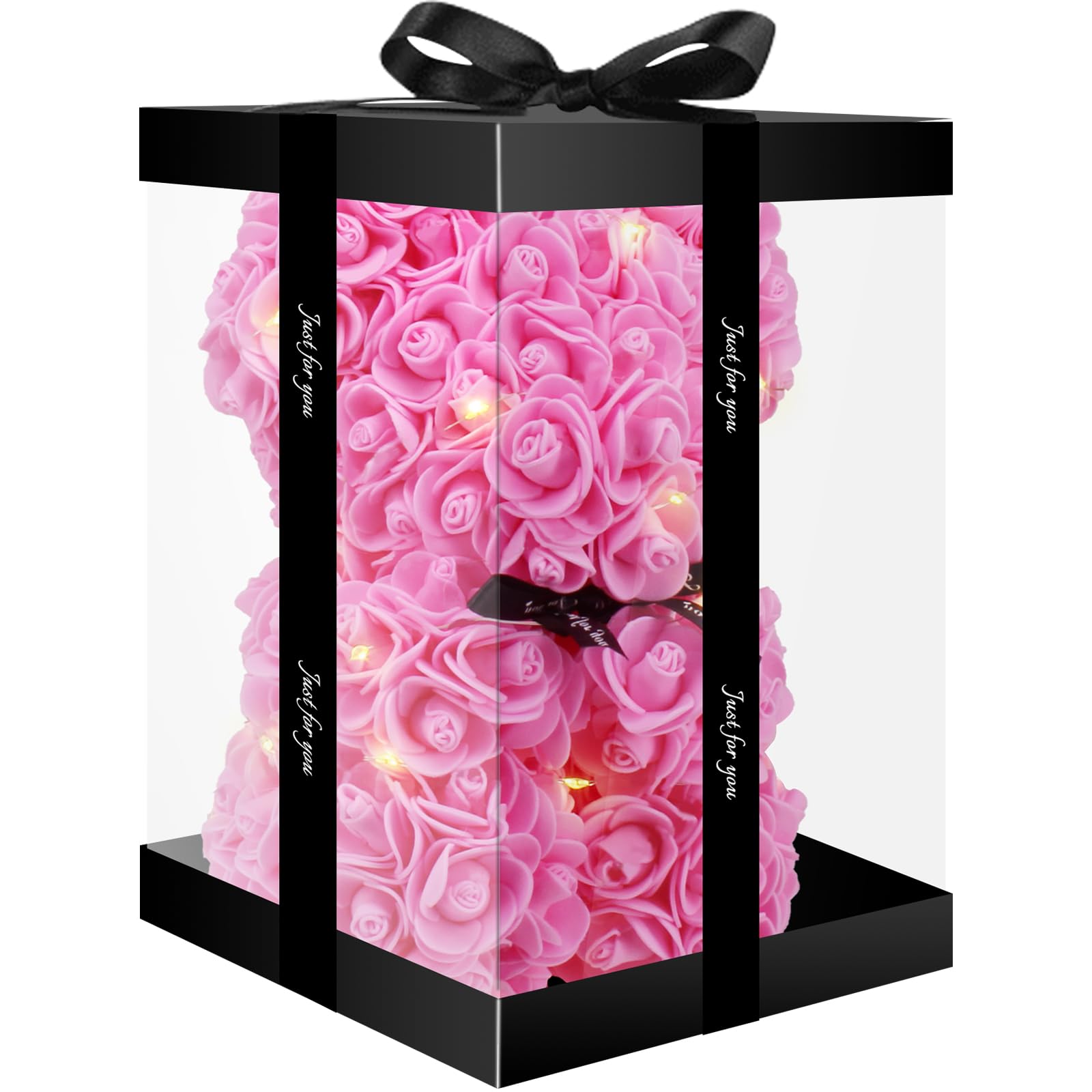 Otlonpe Cute Bear Rose Flower with Light | Women Gifts & Indoor Table Decorations for Christmas, Valentines, Mothers Day, Birthday, Anniversary | Handmade Gifts for Women Mom Wife Girlfriend (Pink)