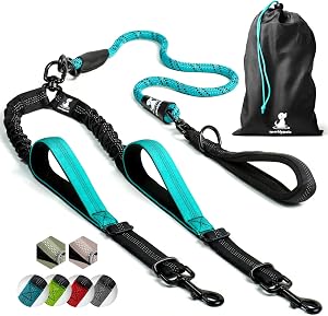 SparklyPets Double Dog Leash for 2 Dogs – Rope Bungee Dual Leash for Medium and Large Breeds with Padded Handles & Tangle Free