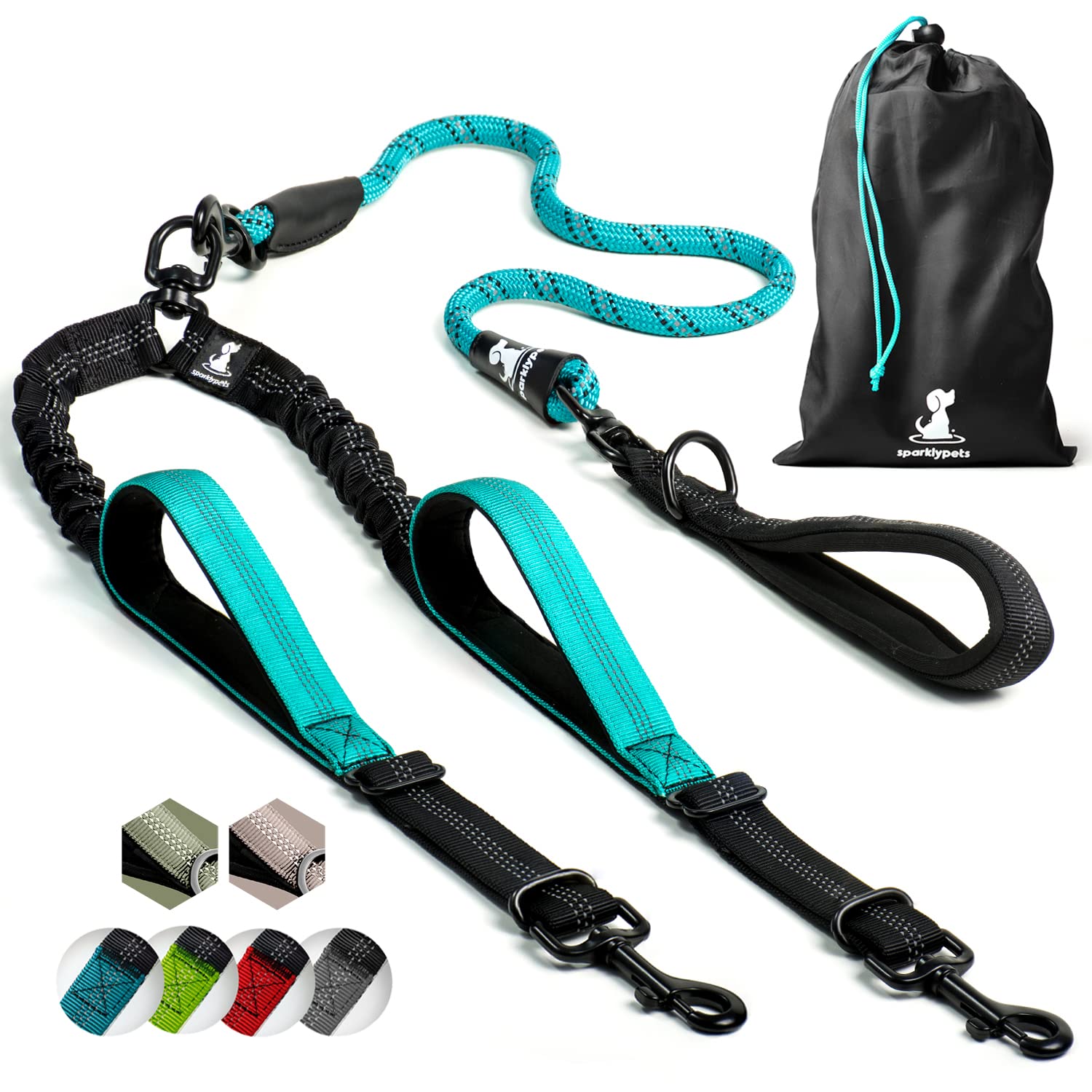 SparklyPets Double Dog Leash for 2 Dogs – Rope Bungee Dual Leash for Medium and Large Breeds with Padded Handles & Tangle Free (Teal, Medium/Large)