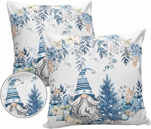 Pack of 2 Outdoor Waterproof Throw Pillow Covers, Merry Christmas Gnome Poinsettia 18x18 Inch Square Decorative Pillowcase for Garden Patio Tent