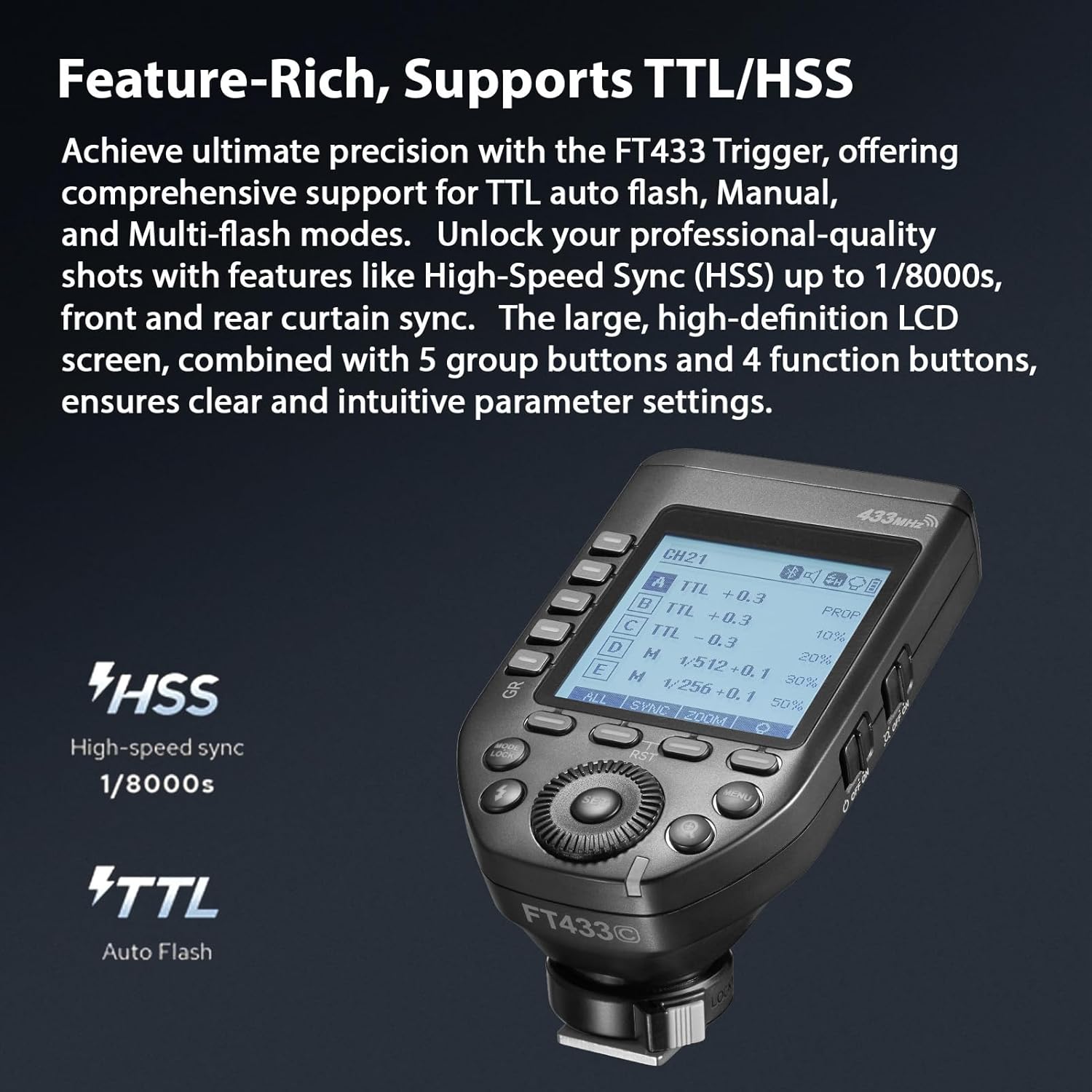 Godox FT433C display showing HSS and TTL modes
